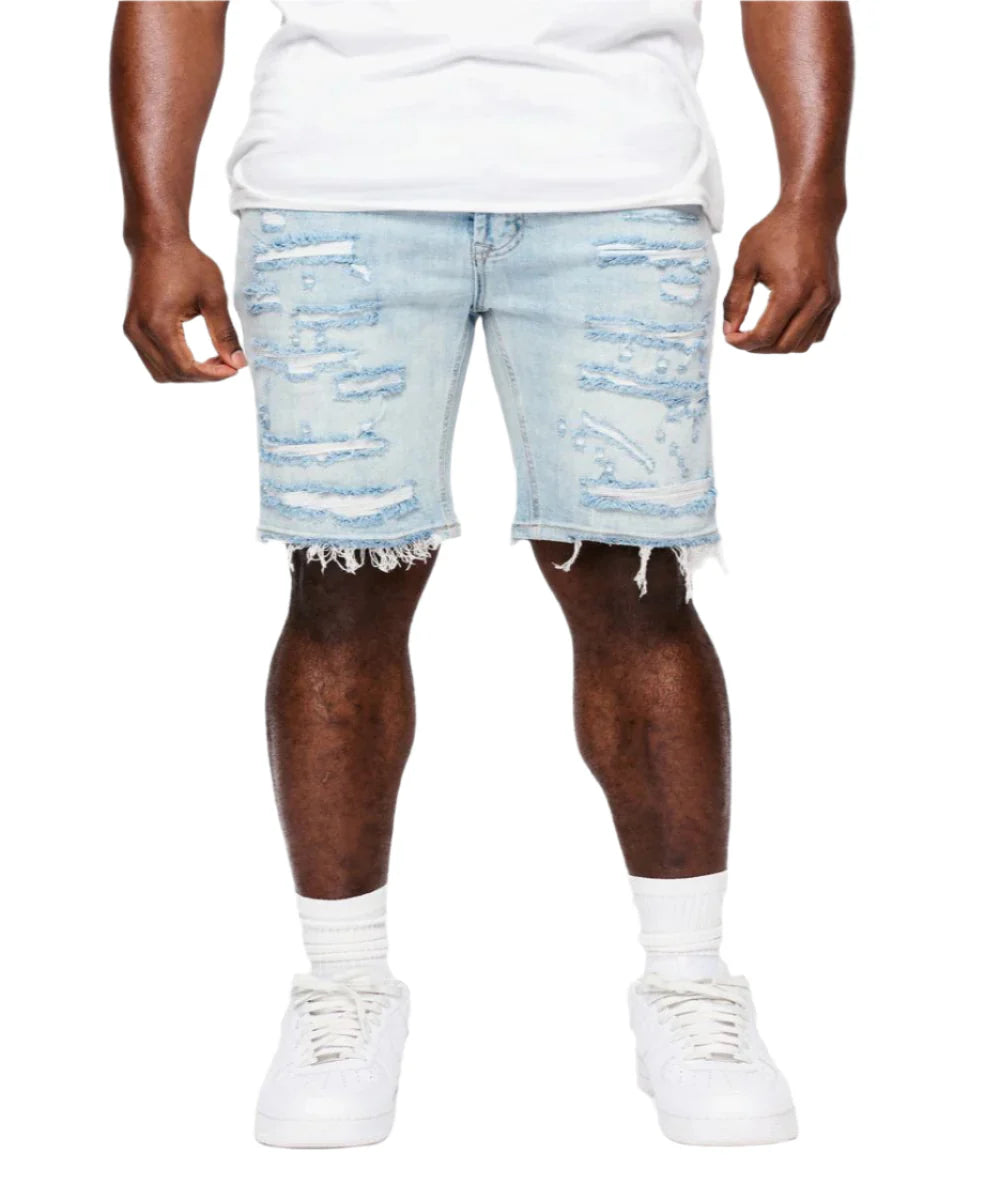 Anom Light Wash Distressed Denim Shorts – Raw Hem Streetwear Fit