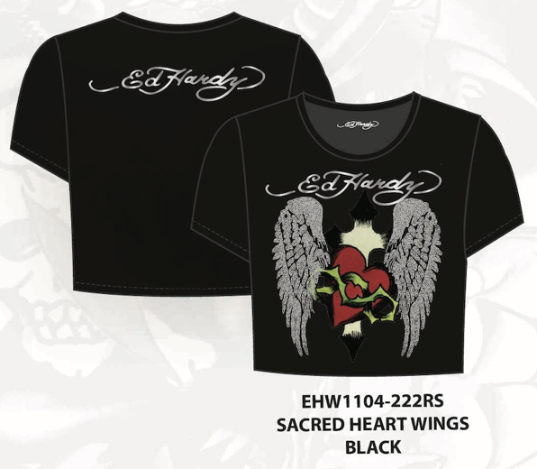 Ed Hardy Sacred Heart Wings Rhinestone Baby Tee