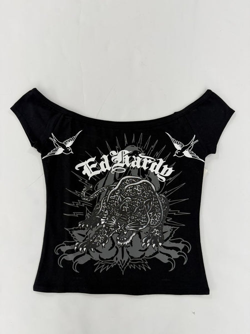Ed Hardy Leopard Panther Off Shoulder Top