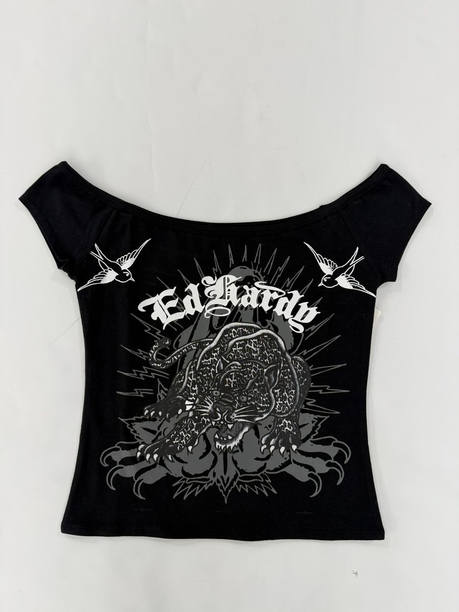 Ed Hardy Leopard Panther Off Shoulder Top