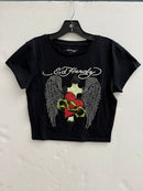 Ed Hardy Sacred Heart Wings Rhinestone Baby Tee
