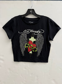 Ed Hardy Sacred Heart Wings Rhinestone Baby Tee