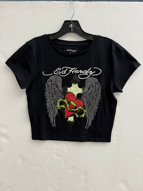 Ed Hardy Sacred Heart Wings Rhinestone Baby Tee