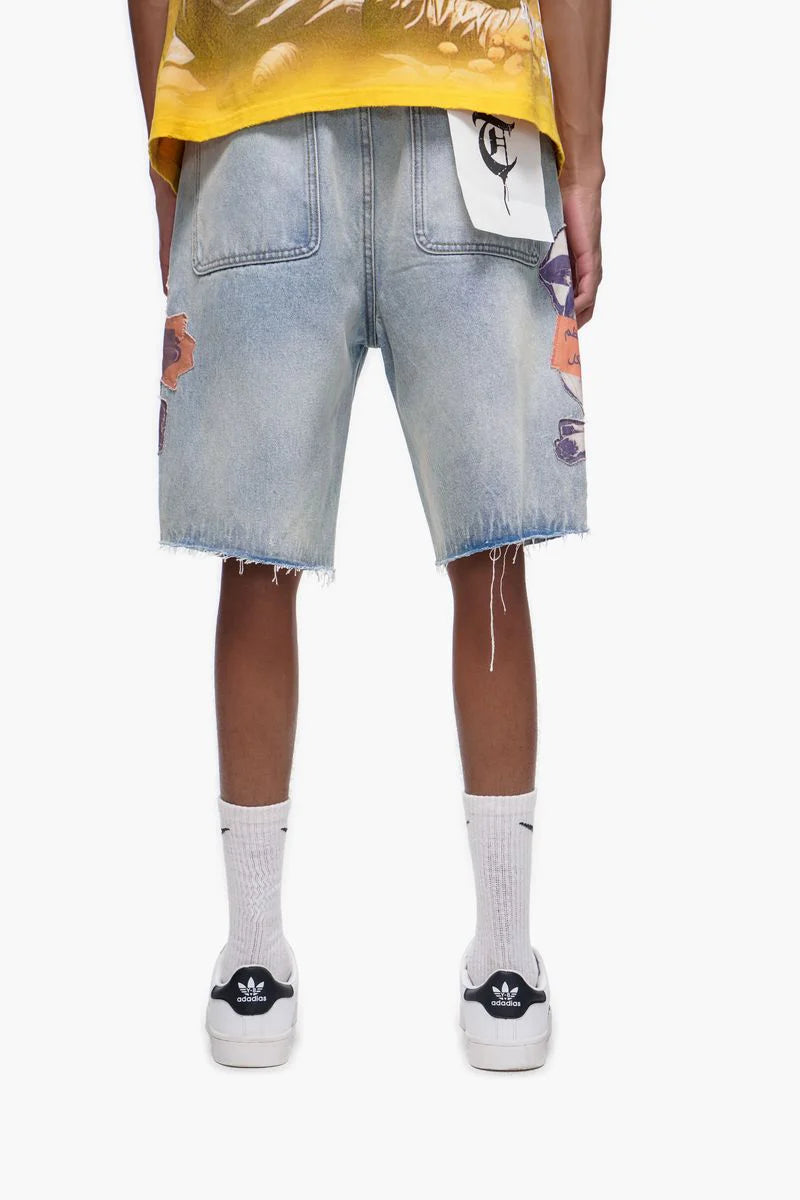 TRNCHS Collage Denim Shorts – Raw Hem Streetwear Statement