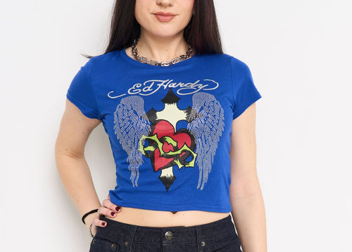 Ed Hardy Sacred Heart Wings Rhinestone Baby Tee