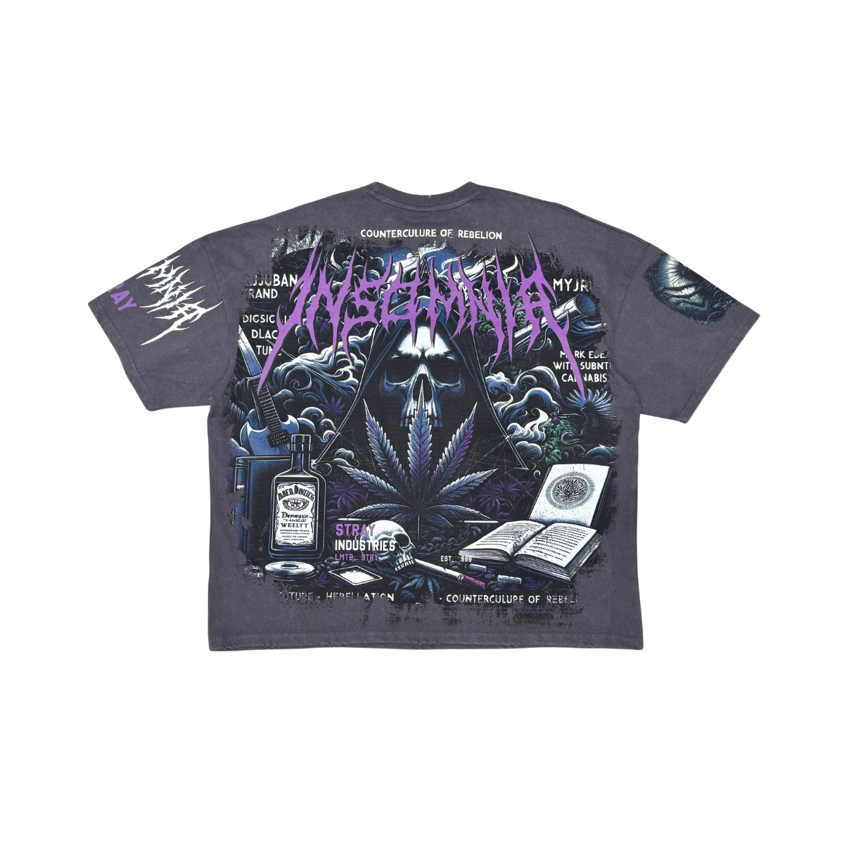 Stray Acid Washed Digital Print Metal Stud Trim T-Shirt