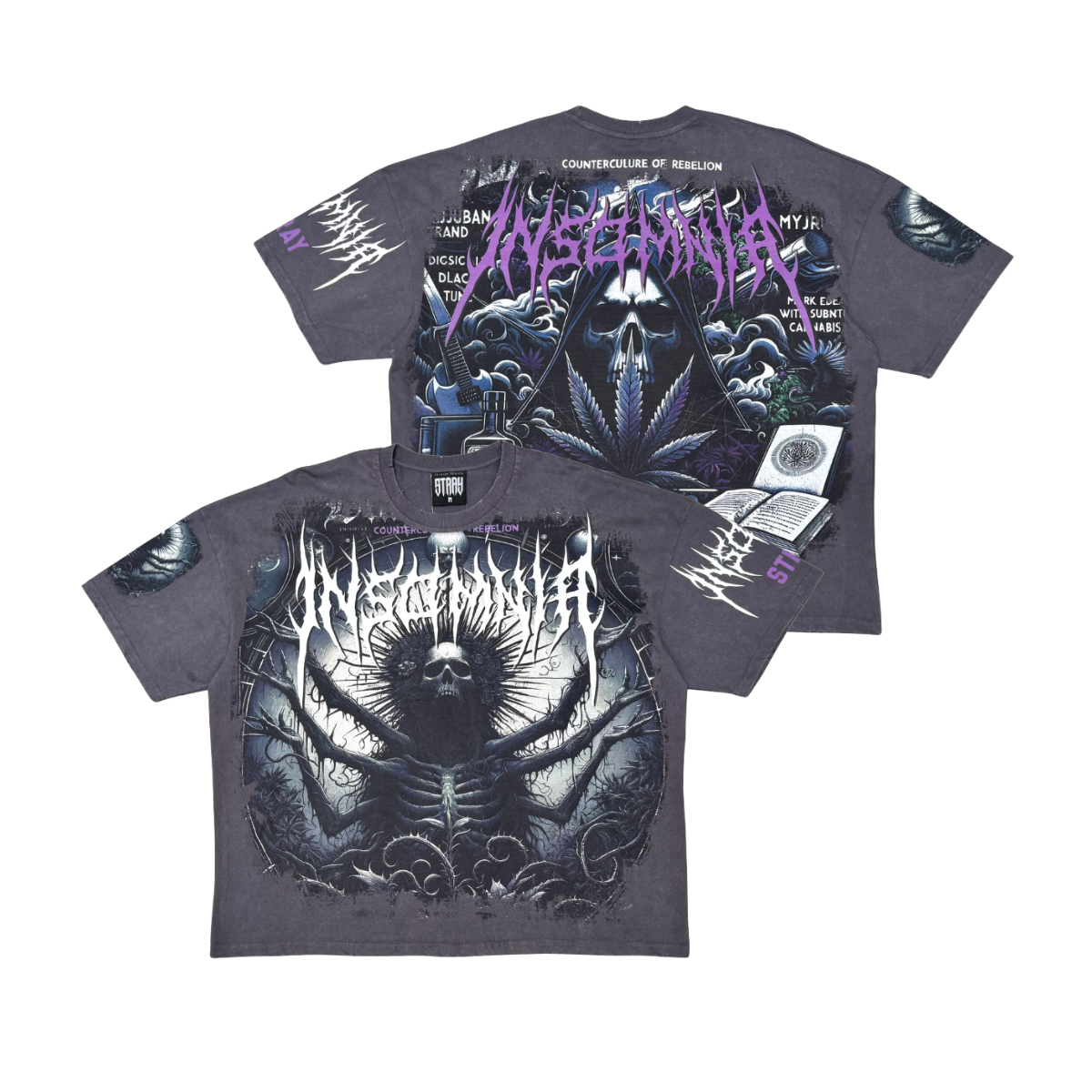 Stray Acid Washed Digital Print Metal Stud Trim T-Shirt