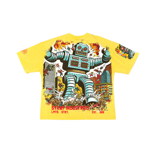 Stray Acid Washed Digital Print Metal Stud Trim T-Shirt – Yellow