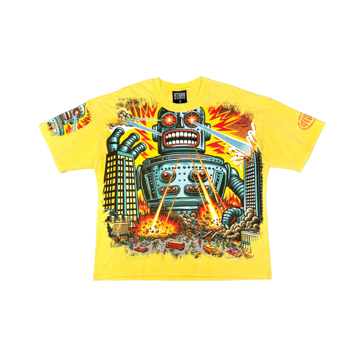 Stray Acid Washed Digital Print Metal Stud Trim T-Shirt – Yellow