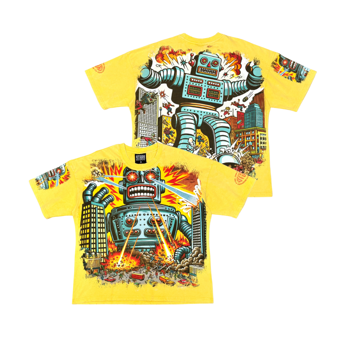 Stray Acid Washed Digital Print Metal Stud Trim T-Shirt – Yellow