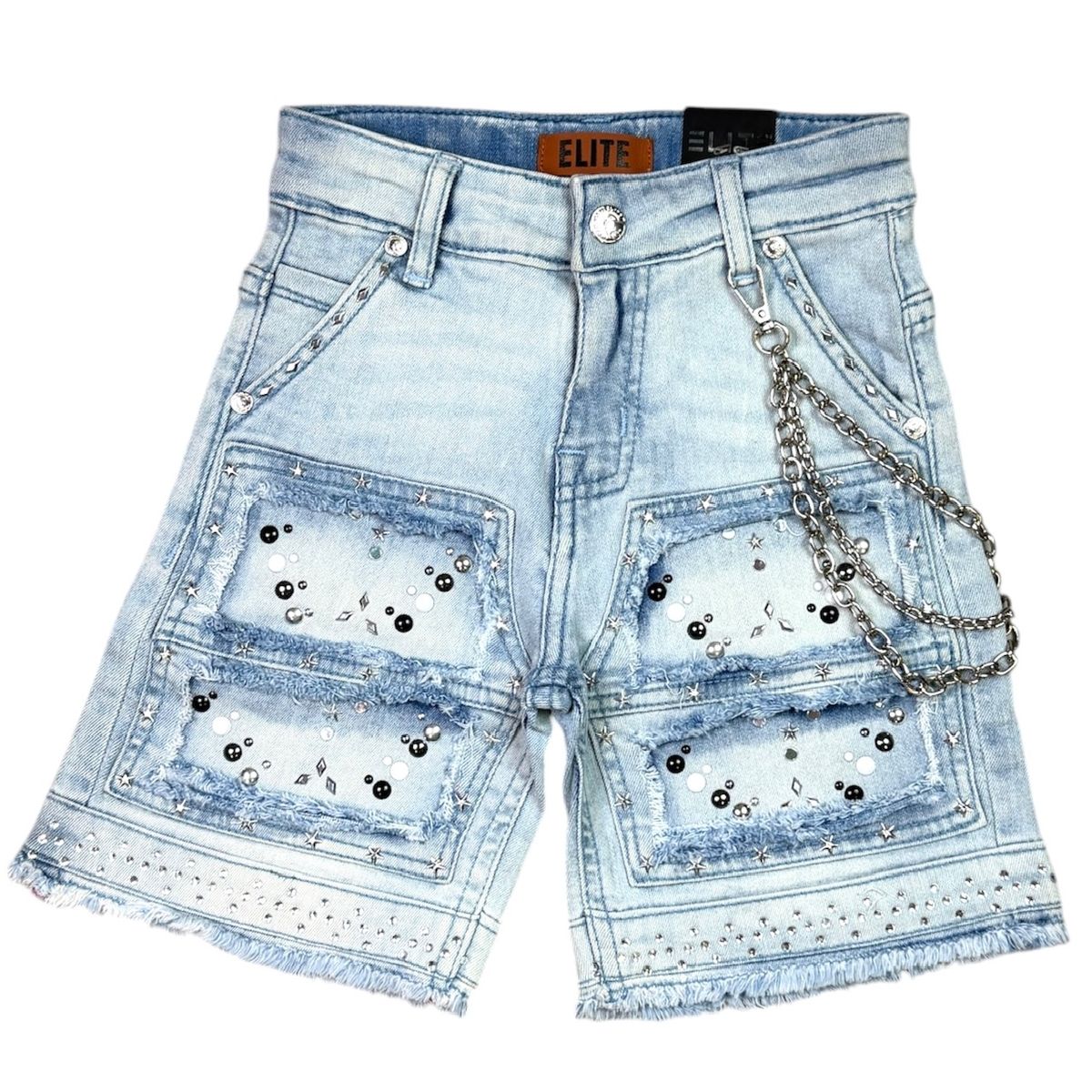 Elite Premium Denim – Flint Embellished Denim Shorts Ice Wash