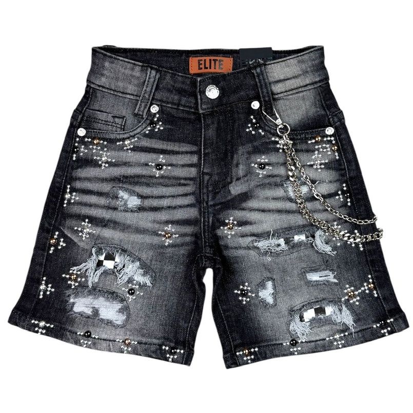 Elite Premium Denim Faded Embellished Denim Shorts – Black Wash