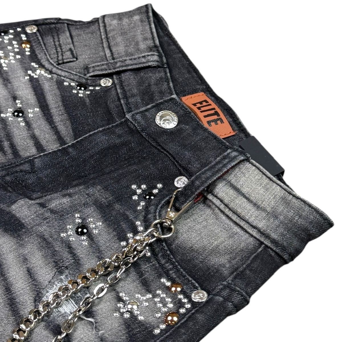 Elite Premium Denim Faded Embellished Denim Shorts – Black Wash