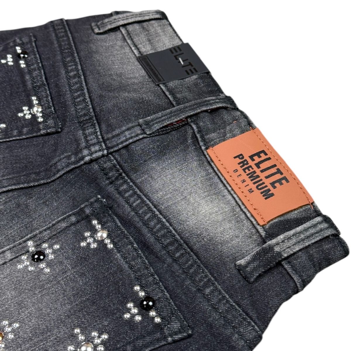 Elite Premium Denim Faded Embellished Denim Shorts – Black Wash