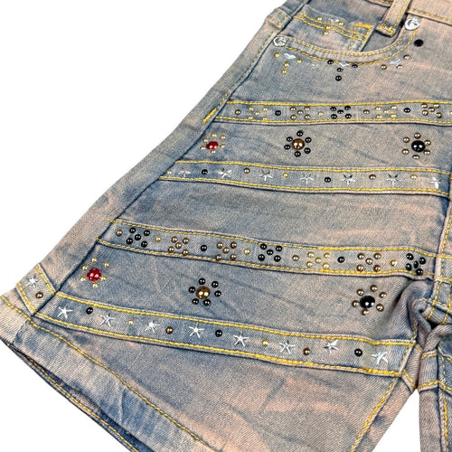 Elite Premium Denim – Pyramids Embellished Denim Shorts Vintage Wash
