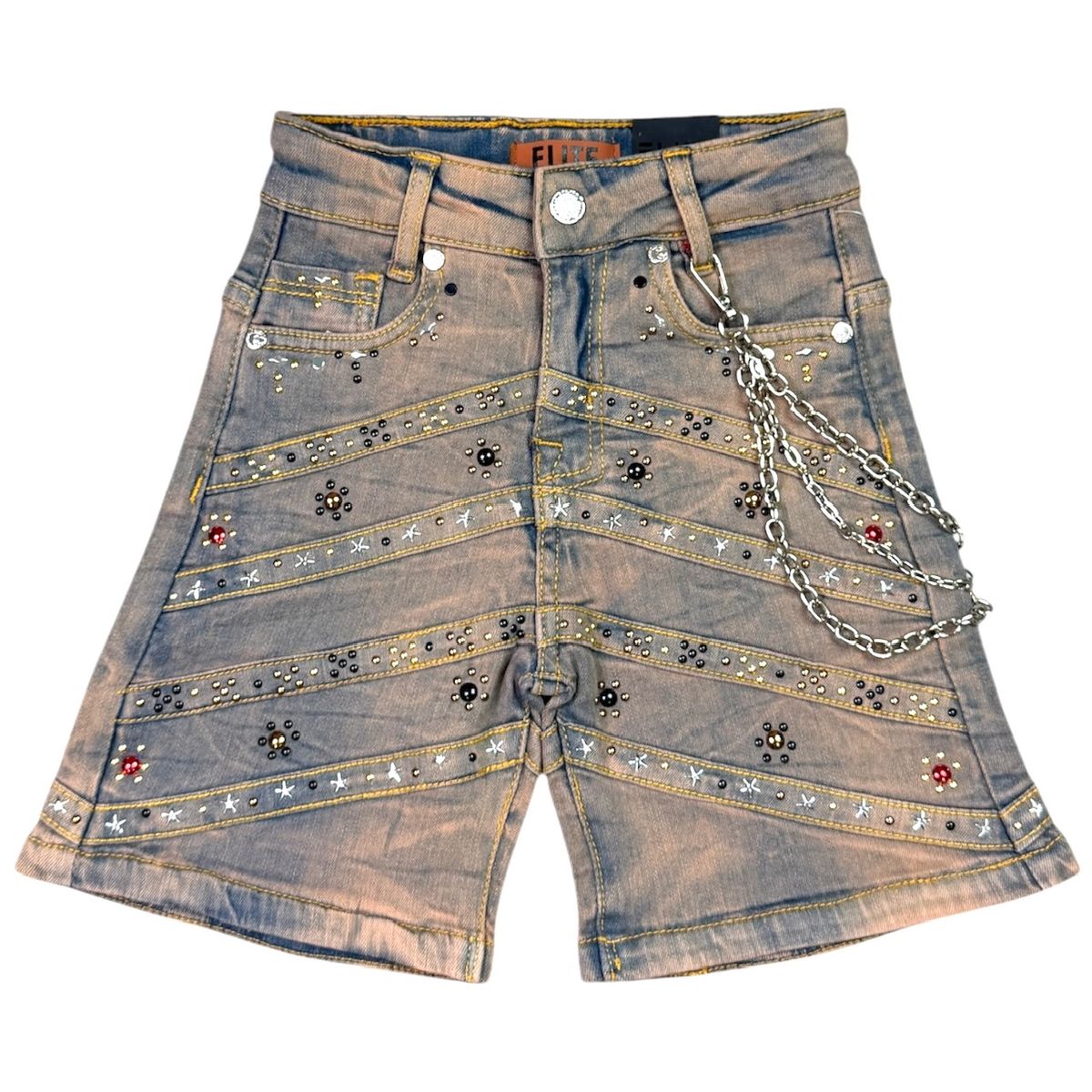 Elite Premium Denim – Pyramids Embellished Denim Shorts Vintage Wash