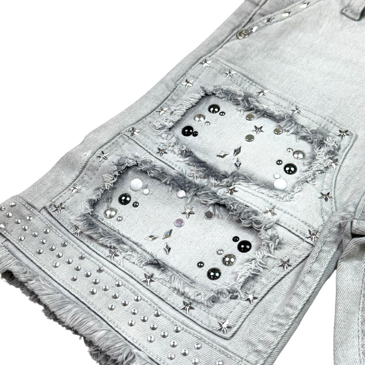 Elite Premium Denim Flint Embellished Denim Shorts – Grey Wash