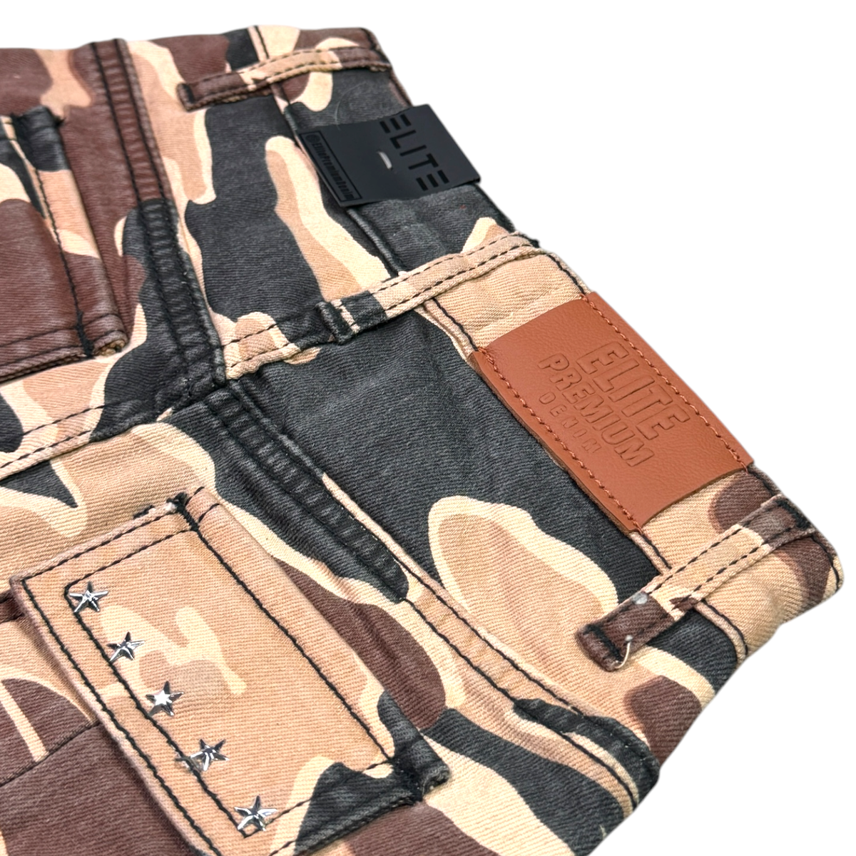 Elite Premium Denim – A12 Patch-Work Embellished Denim Shorts Army Camo