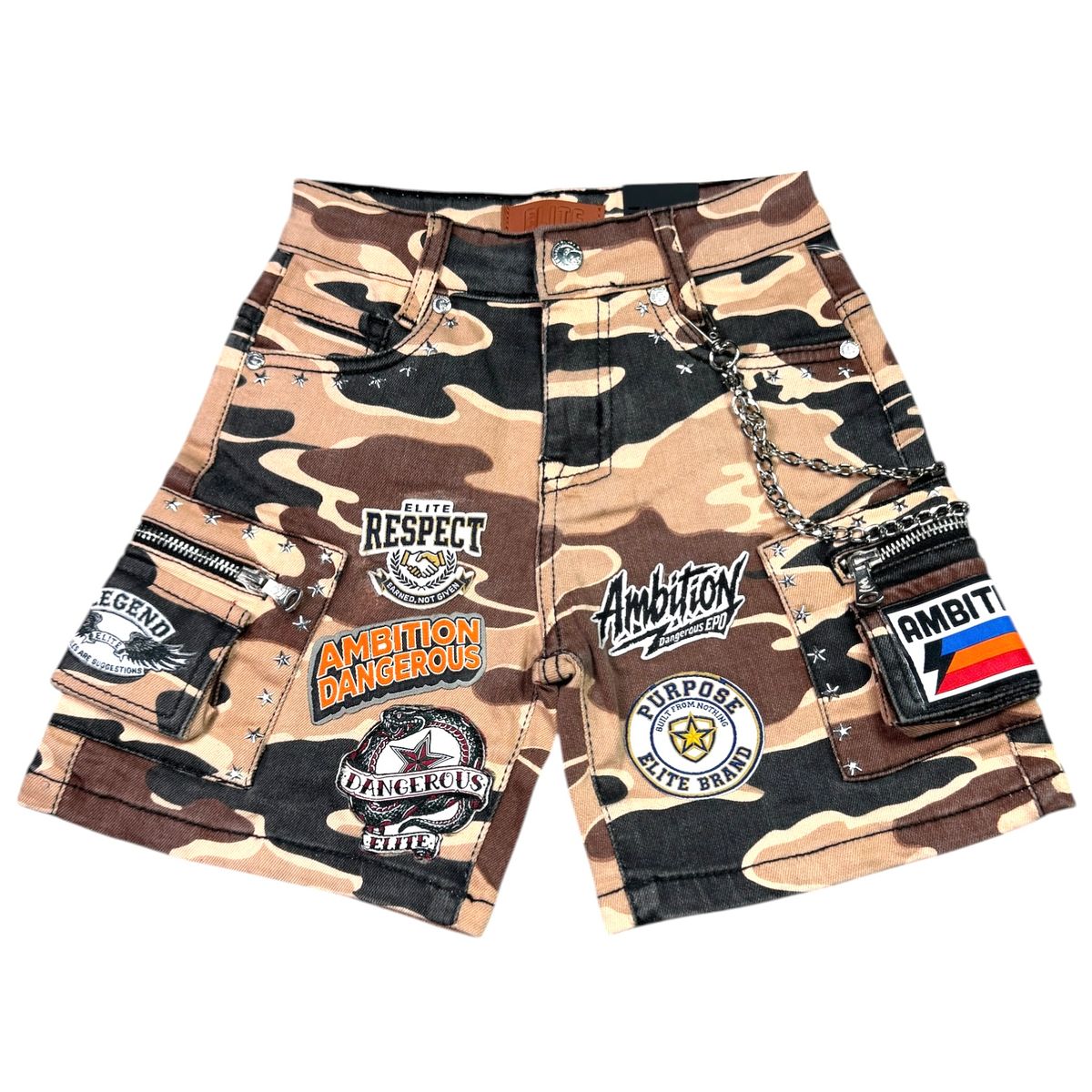Elite Premium Denim – A12 Patch-Work Embellished Denim Shorts Army Camo