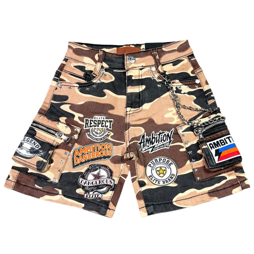 Elite Premium Denim – A12 Patch-Work Embellished Denim Shorts Army Camo