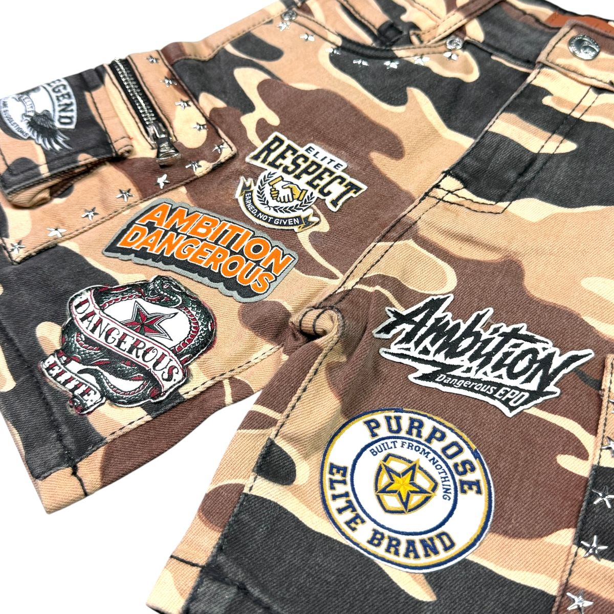 Elite Premium Denim – A12 Patch-Work Embellished Denim Shorts Army Camo