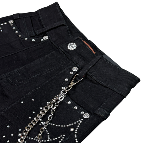 Elite Premium Denim Moon Phase Embellished Denim Shorts – Jet Black