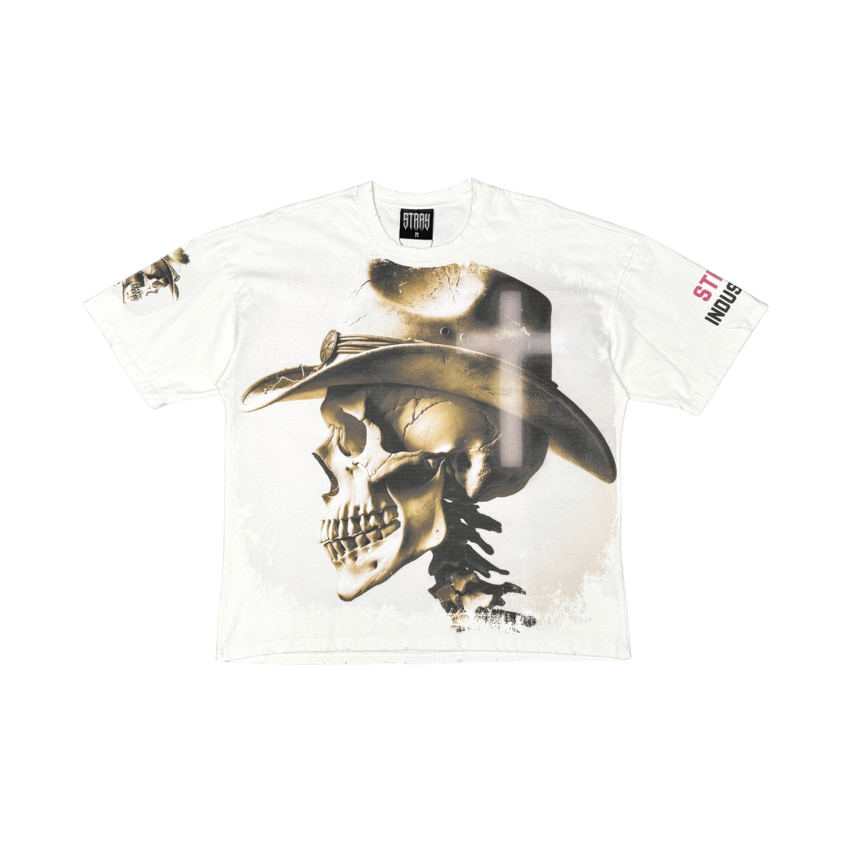 Stray Acid Washed Digital Print Metal Stud Trim T-Shirt – Natural