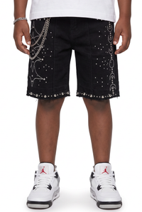 Elite Premium Denim Moon Phase Embellished Denim Shorts – Jet Black