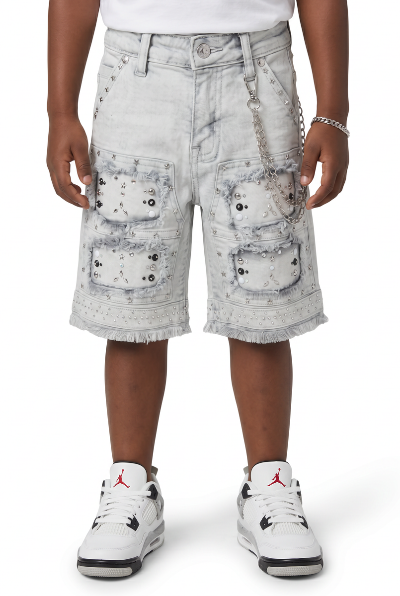 Elite Premium Denim Flint Embellished Denim Shorts – Grey Wash