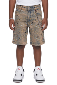 Elite Premium Denim – Pyramids Embellished Denim Shorts Vintage Wash