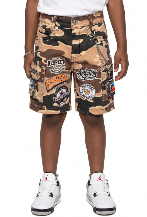 Elite Premium Denim – A12 Patch-Work Embellished Denim Shorts Army Camo