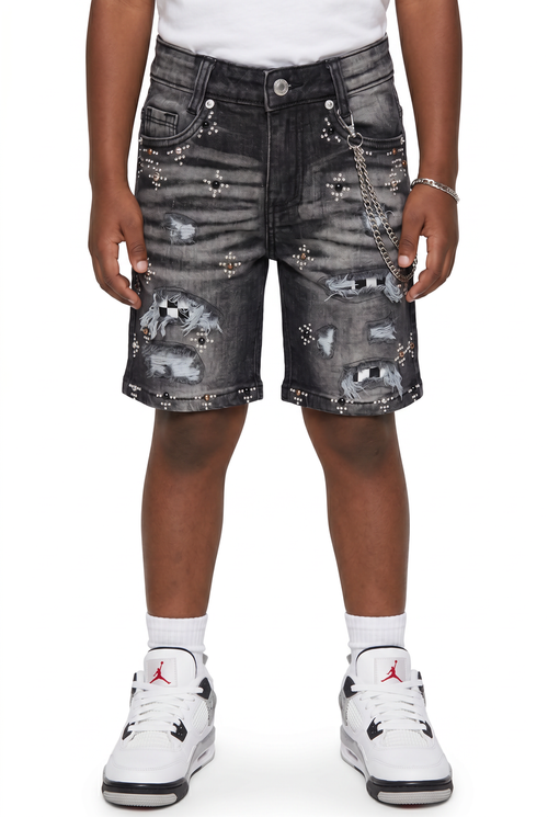 Elite Premium Denim Faded Embellished Denim Shorts – Black Wash