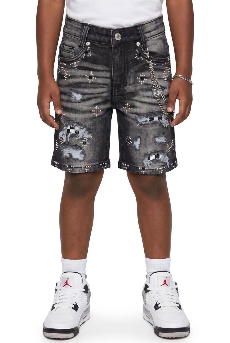 Elite Premium Denim Faded Embellished Denim Shorts – Black Wash