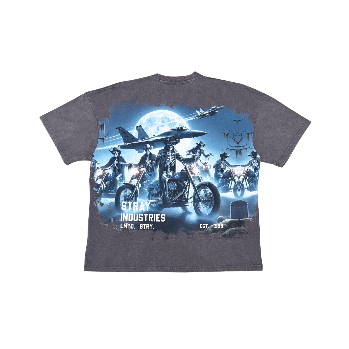 Stray Acid Washed Digital Print Metal Stud Trim T-Shirt – Charcoal