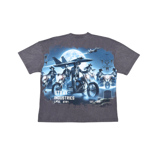 Stray Acid Washed Digital Print Metal Stud Trim T-Shirt – Charcoal