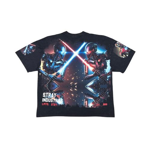 Stray Acid Washed Digital Print Metal Stud Trim T-Shirt – Black
