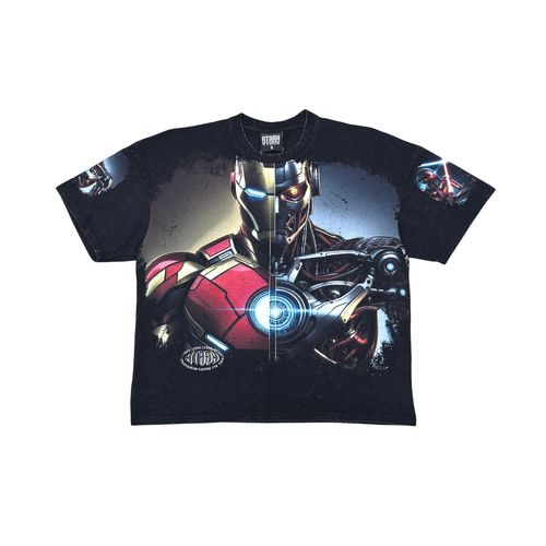 Stray Acid Washed Digital Print Metal Stud Trim T-Shirt – Black