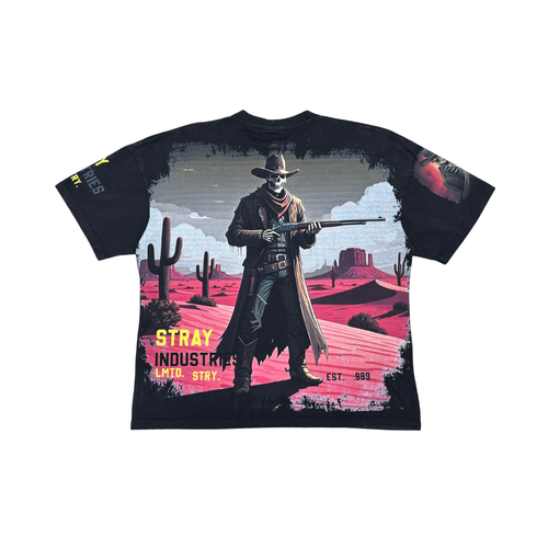 Stray Acid Washed Digital Print Metal Stud Trim T-Shirt – Black