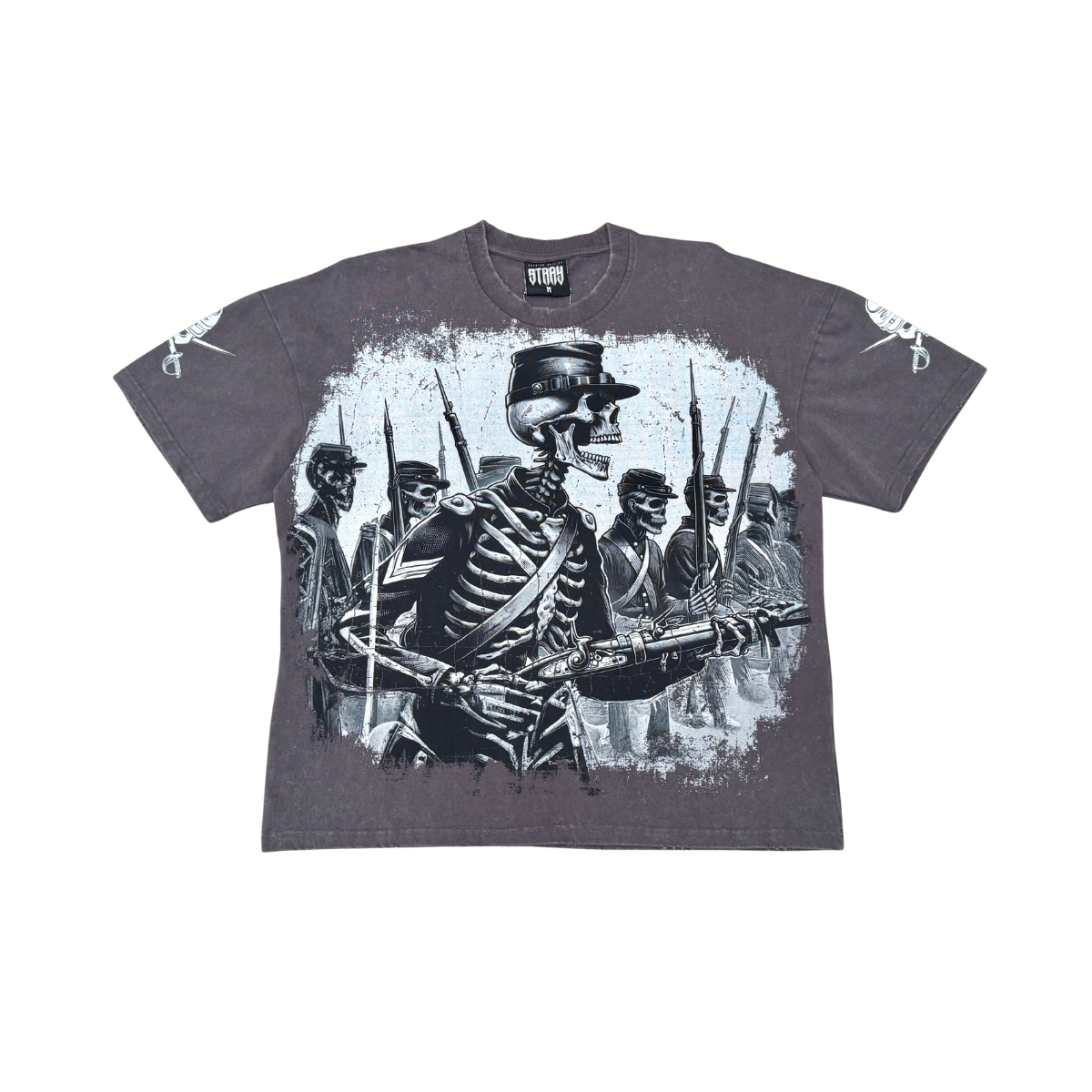 Stray Acid Washed Digital Print Metal Stud Trim T-Shirt – Charcoal