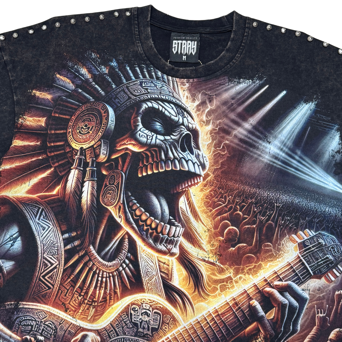 Stray Acid Washed Digital Print Metal Stud Trim T-Shirt – Black