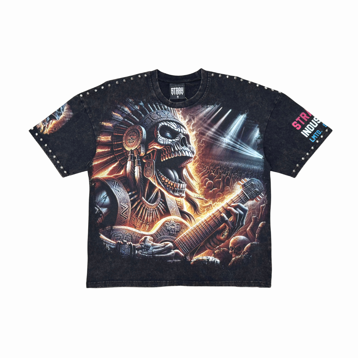 Stray Acid Washed Digital Print Metal Stud Trim T-Shirt – Black