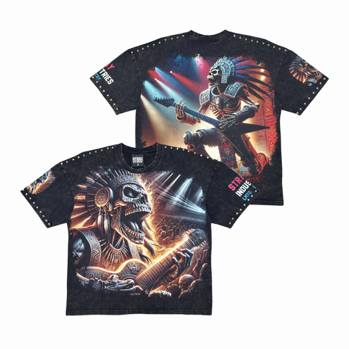 Stray Acid Washed Digital Print Metal Stud Trim T-Shirt – Black