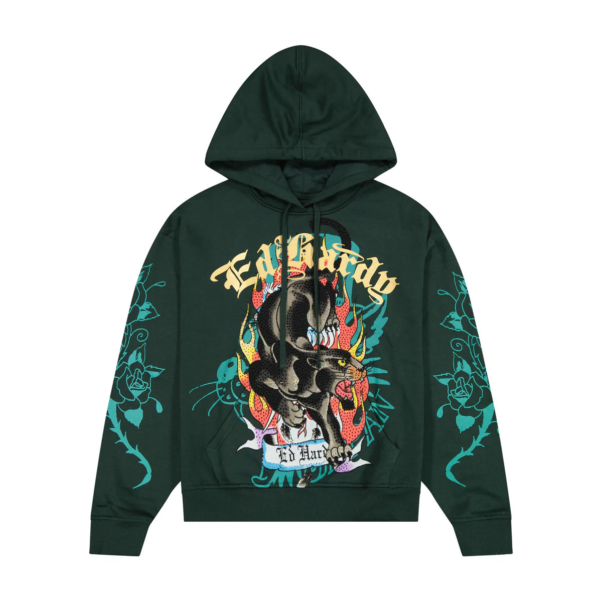 ED HARDY FIRE PANTHER RHINESTONE BOXY FLEECE HOODIE