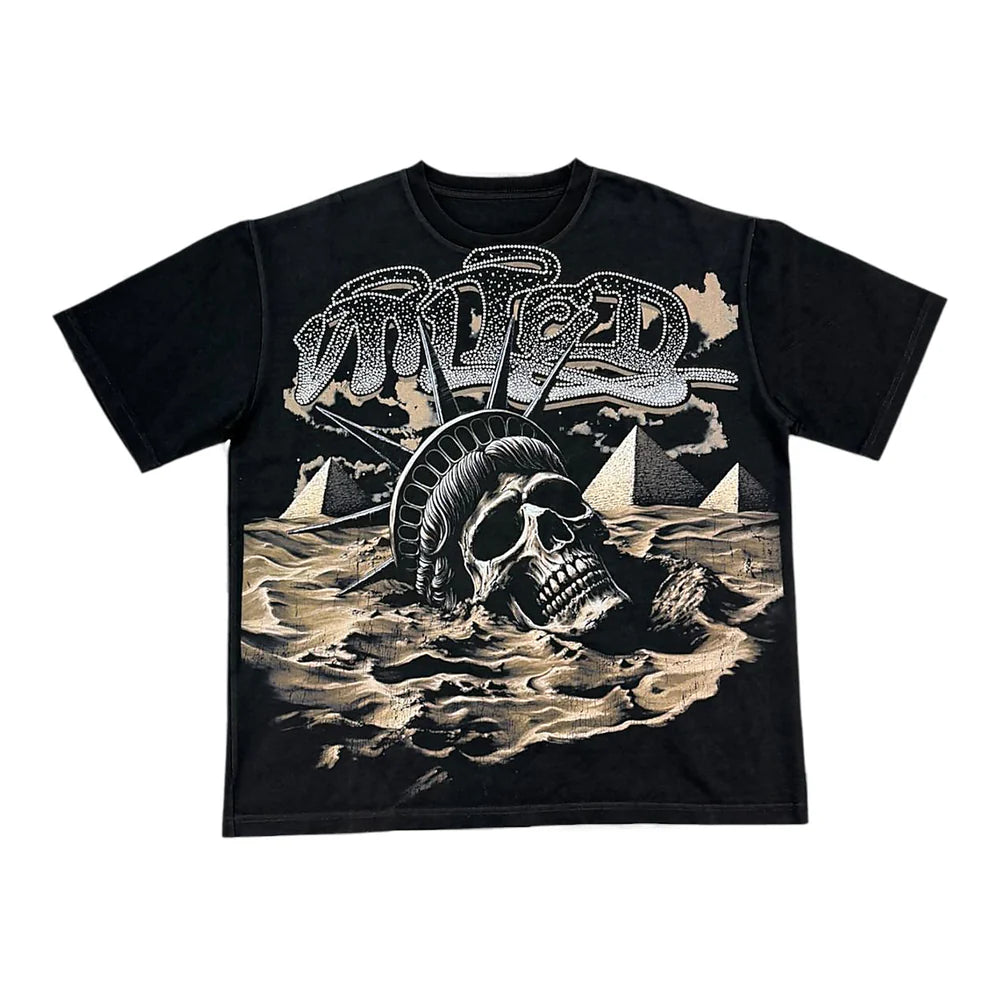Vtilited “Deserted” Skull Graphic T-Shirt – Rhinestone Statement Tee