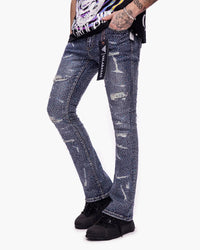 VALABASAS Provide Stacked Dark Blue Wash Jeans – Distressed Denim with Embellished Detail