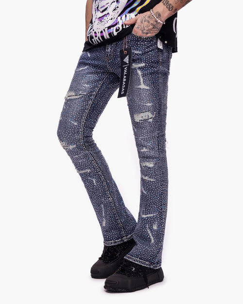 VALABASAS Provide Stacked Dark Blue Wash Jeans – Distressed Denim with Embellished Detail