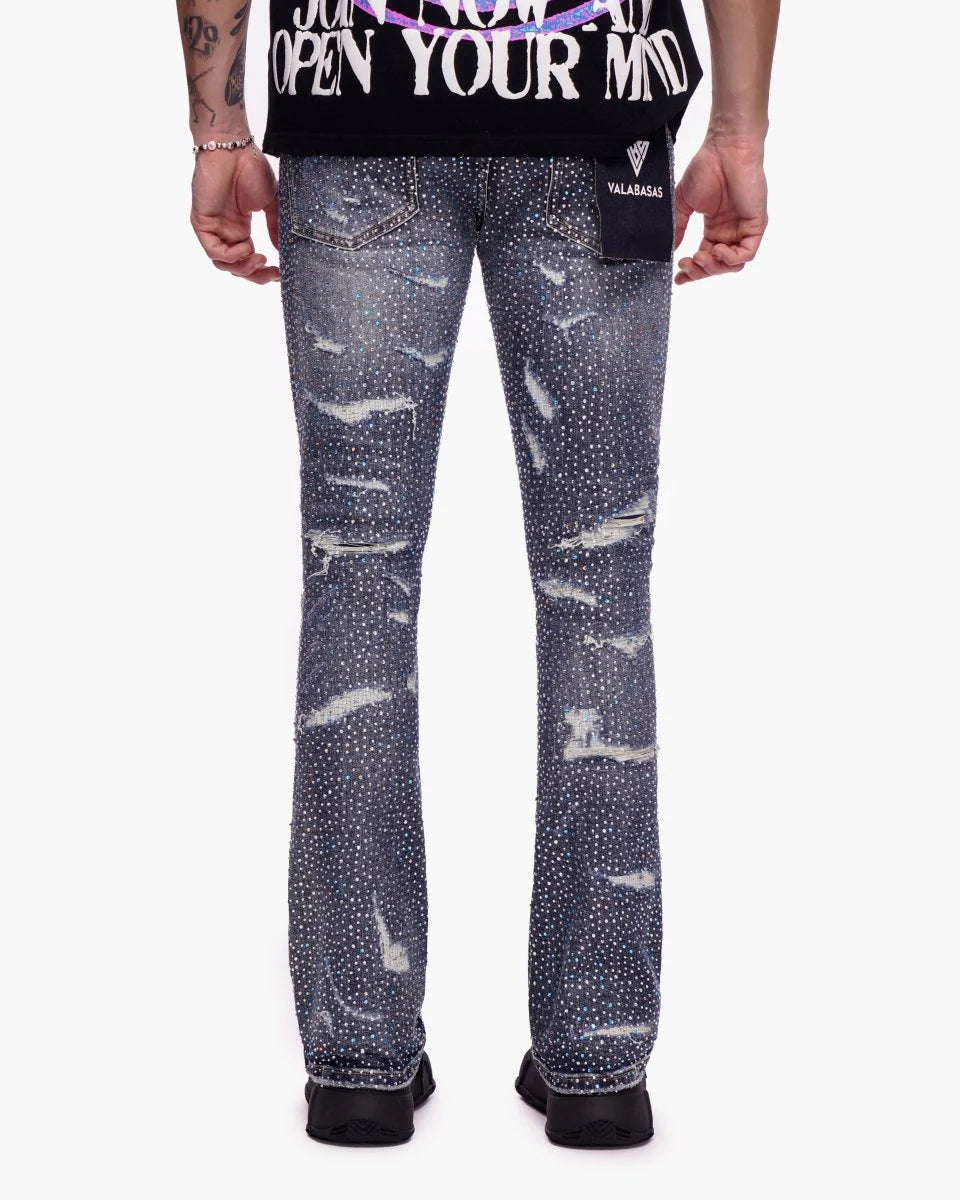 VALABASAS Provide Stacked Dark Blue Wash Jeans – Distressed Denim with Embellished Detail